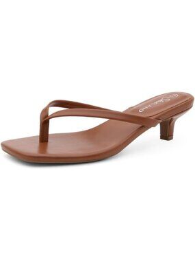 Women's Cognac Kitten Heels Square Open Toe Flip Flop Heels 1.75 Inch Low Heeled
